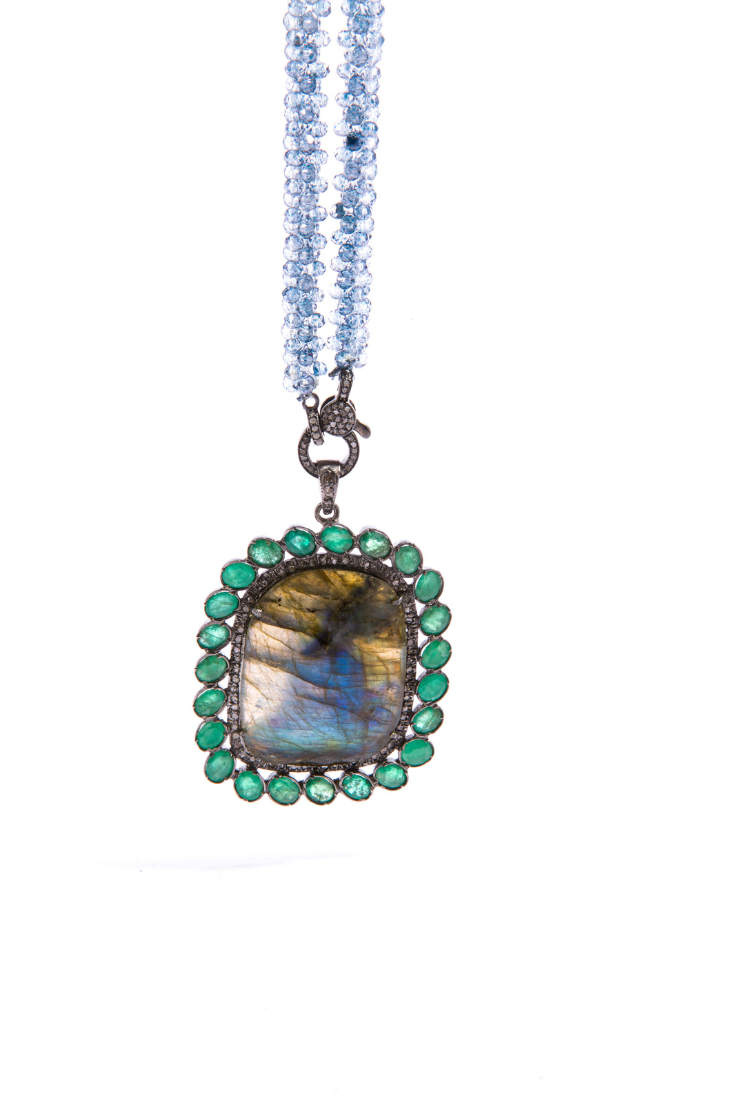 Emerald, Labradorite (45.6c), Diamond (.8c) Pendant in Sterling on Mystic Topaz Woven Rope W/ Diamond Lobster Claw Clasp (30