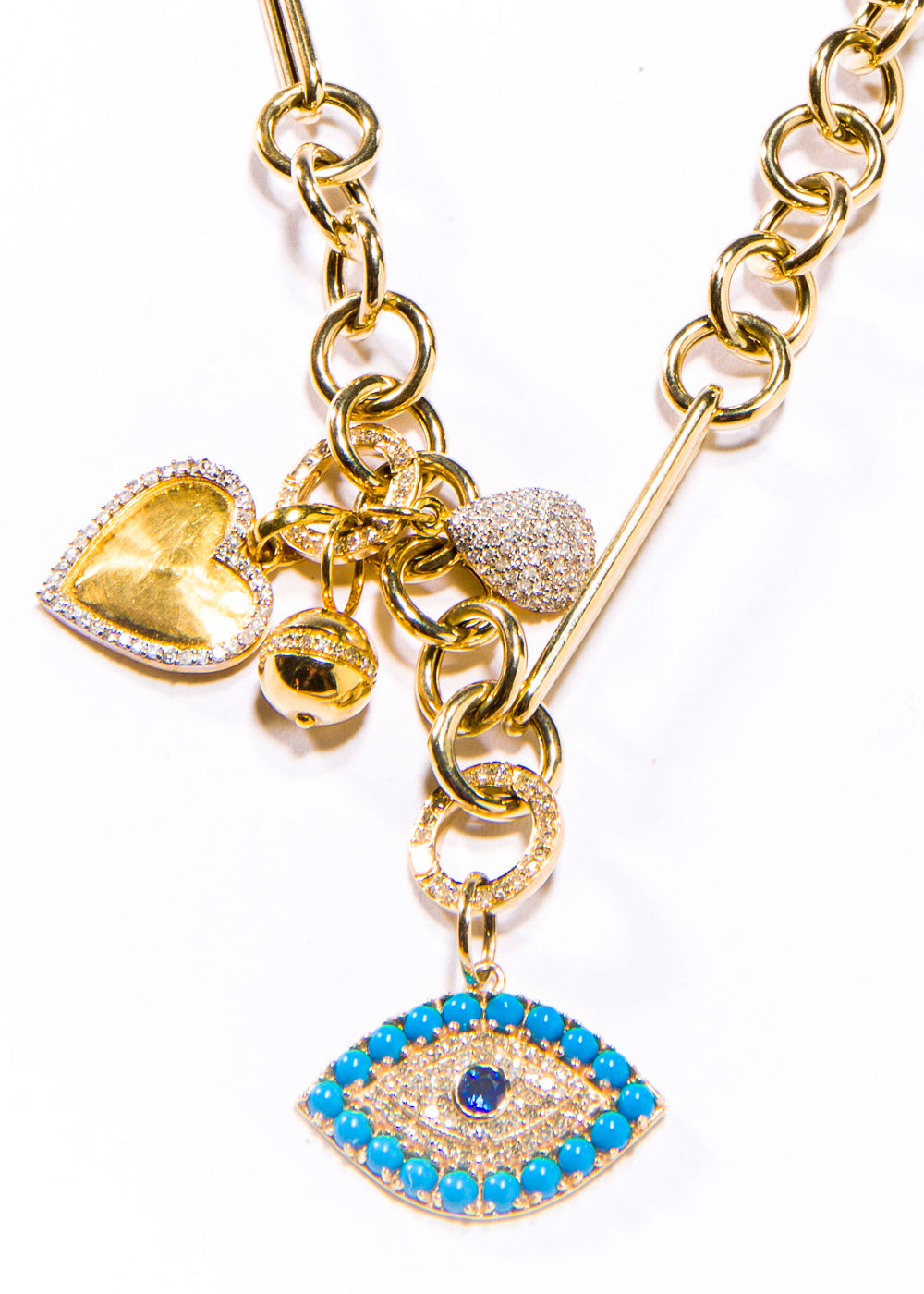 14K Gold Diamond (.25 C) Sapphire & Turquoise Evil Eye Pendant (.85