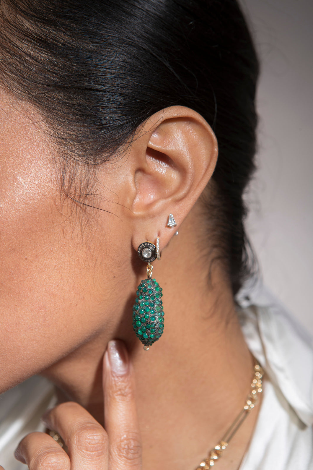 Emerald (3.06c) and Diamond (.89c) Drop in Sterling 14K Post Earrings (2