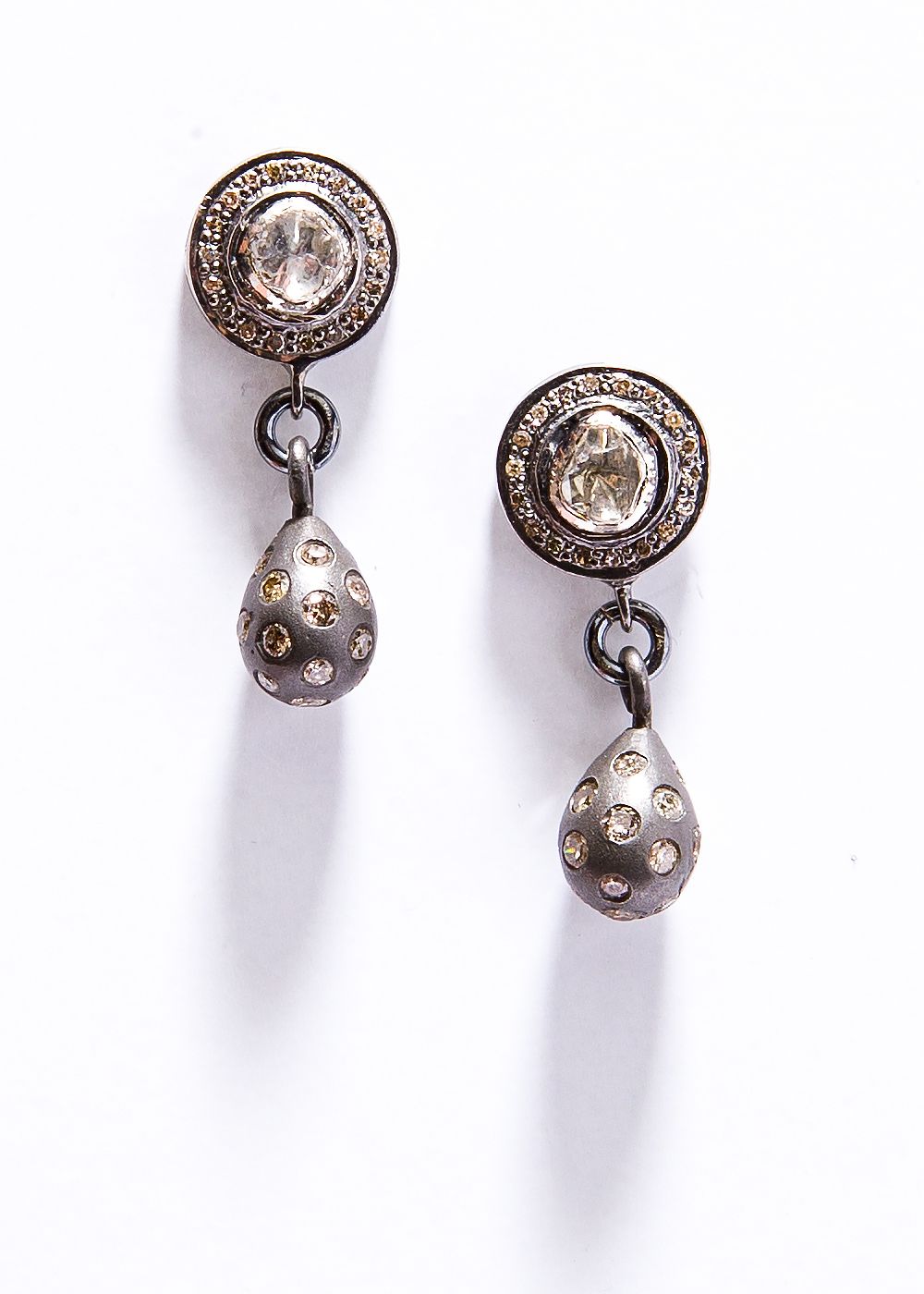 Matte Sterling Champagne Single cut Tear Drops on Pave & Rose Cut Diamond Posts #3486-Earrings-Gretchen Ventura